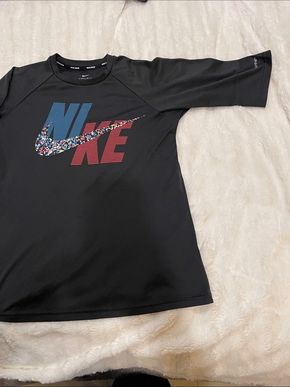 Nike Black Short-Sleeve Swim Rash Guard with Multicolor Logo